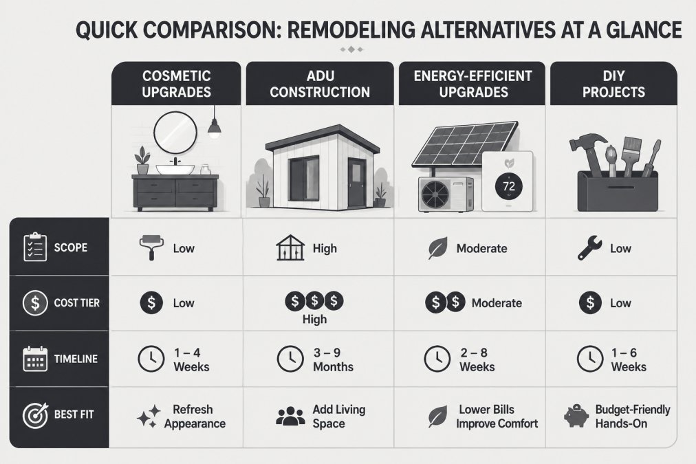 Comparison matrix showing cost, timeline, and scope for various remodeling alternatives projects