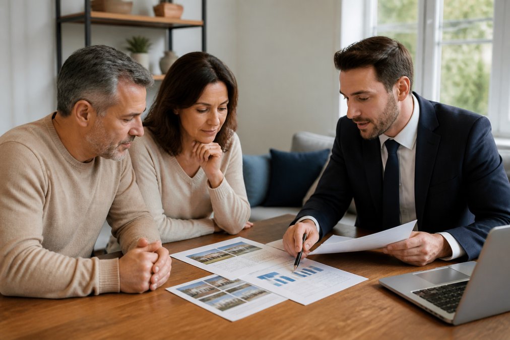 Professional real estate advisor in business attire meeting with a middle-aged couple in a bright, modern home office, reviewing property documents and market analysis sheets on a wooden desk with a laptop visible