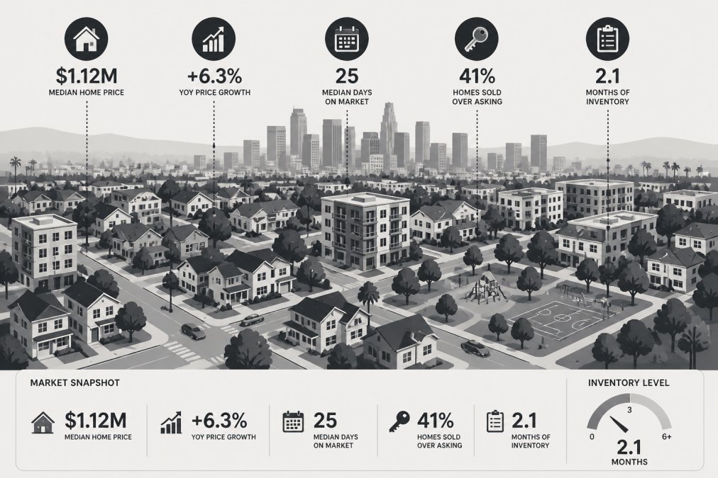 Aerial view of diverse Los Angeles residential neighborhoods showing tree-lined streets with single-family homes, modern mid-rise apartments, and community parks interspersed throughout the urban landscape under clear daylight