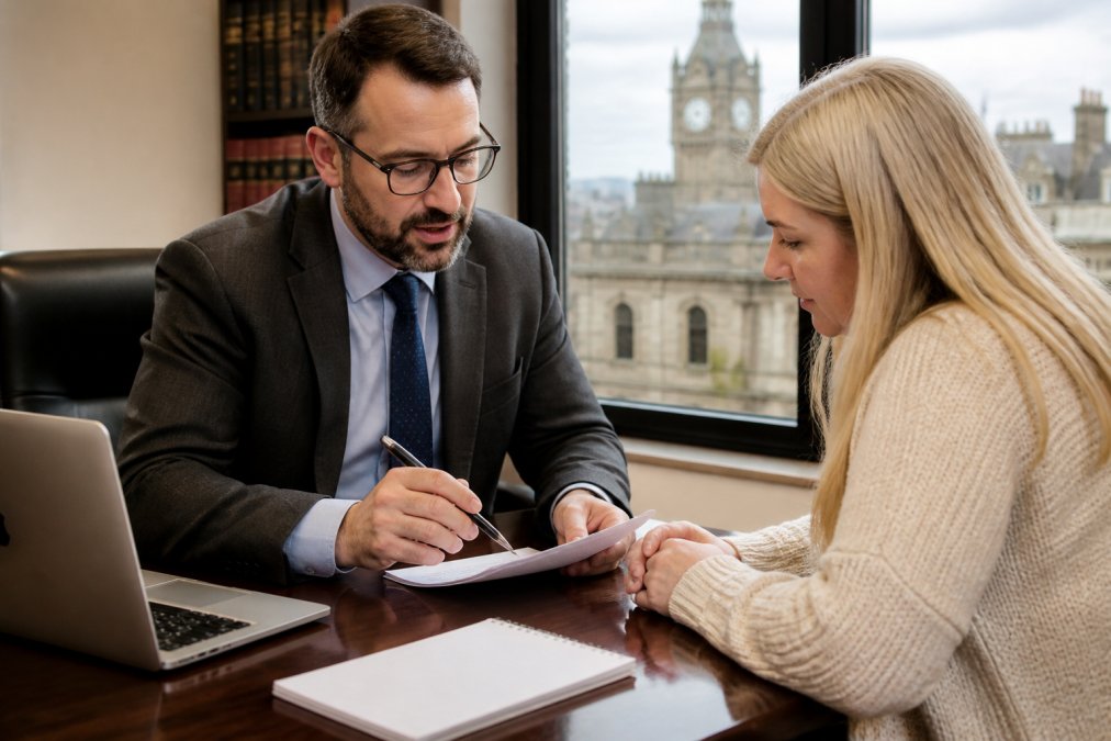 A solicitor and client reviewing a legal agreement document together at a desk in a bright, modern Scottish law office, with a laptop and notepad visible
