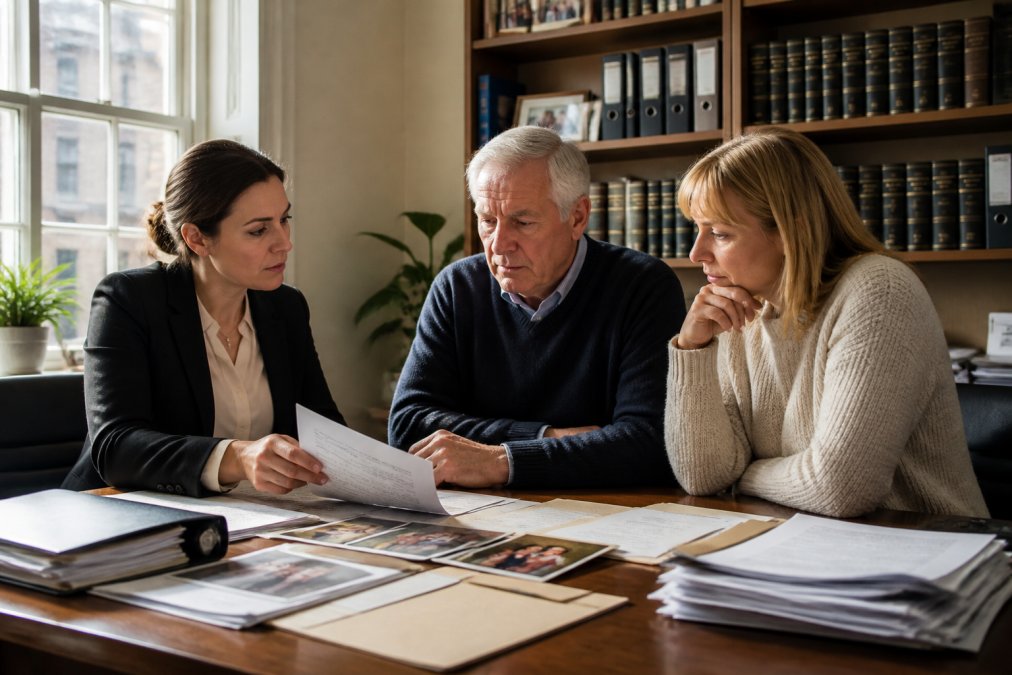 Legal professional in a Glasgow law office reviewing case files and family photographs on desk, with morning light streaming through windows, conveying empathy and expertise in handling bereavement claims