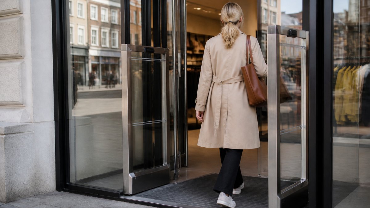 Automatic swing gates at a retail shop entrance with a customer passing through on a bright high street