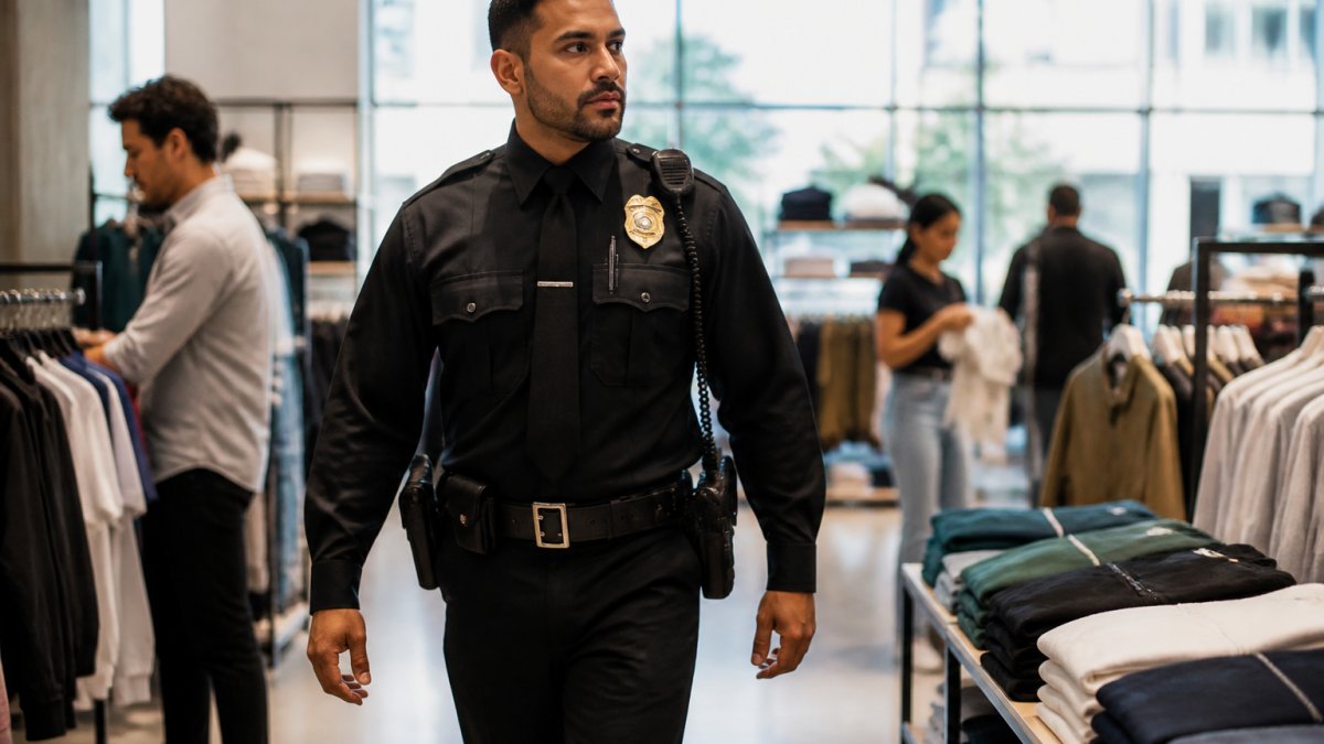Security professional in uniform conducting store walkthrough, observing retail floor operations and monitoring customer and employee activity in modern retail environment