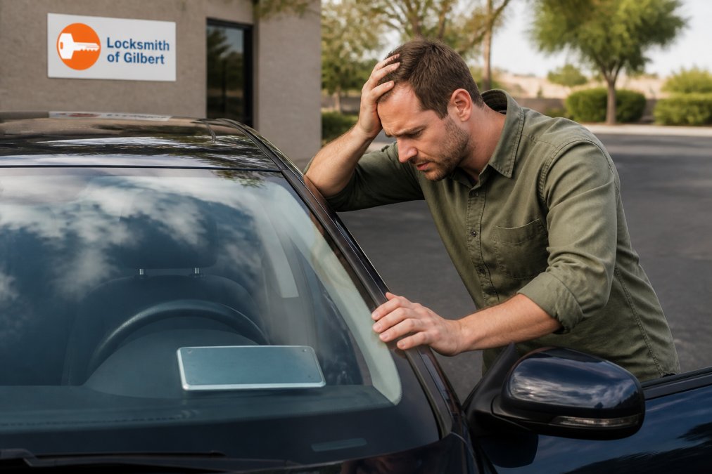 Driver checking car door and looking at vehicle identification number plate on dashboard, appearing stressed but focused