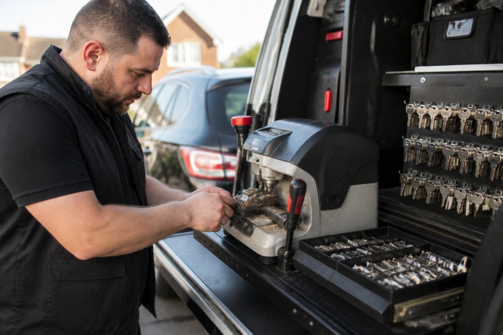 Professional locksmith using diagnostic equipment and key programming tools next to a vehicle, with precision machinery and key blanks visible on a work surface in natural daylight