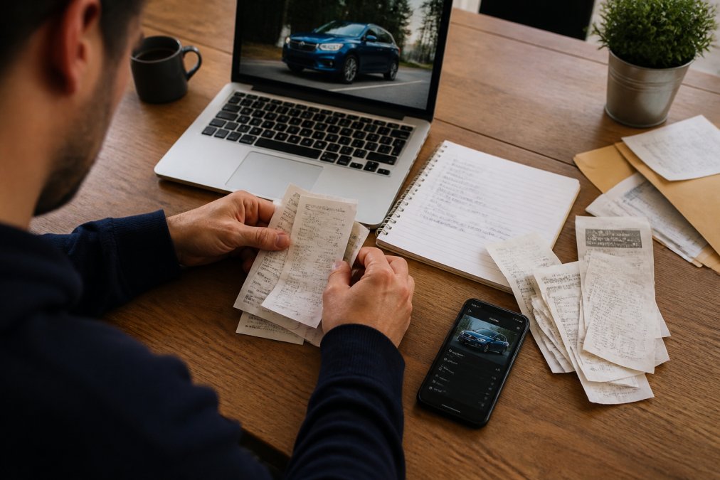 Person organizing car service records and receipts into a digital reconstruction file on a laptop.