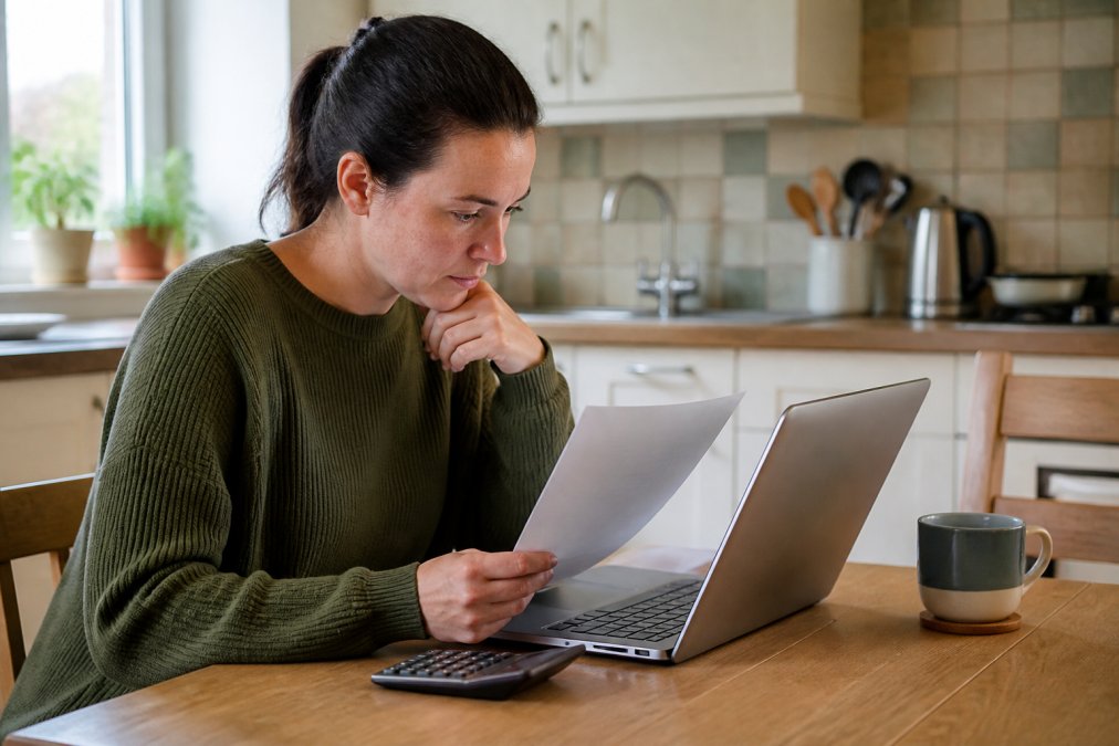 A person sitting at a kitchen table reading a home insurance policy document on a laptop, with a calculator and a cup of tea beside them