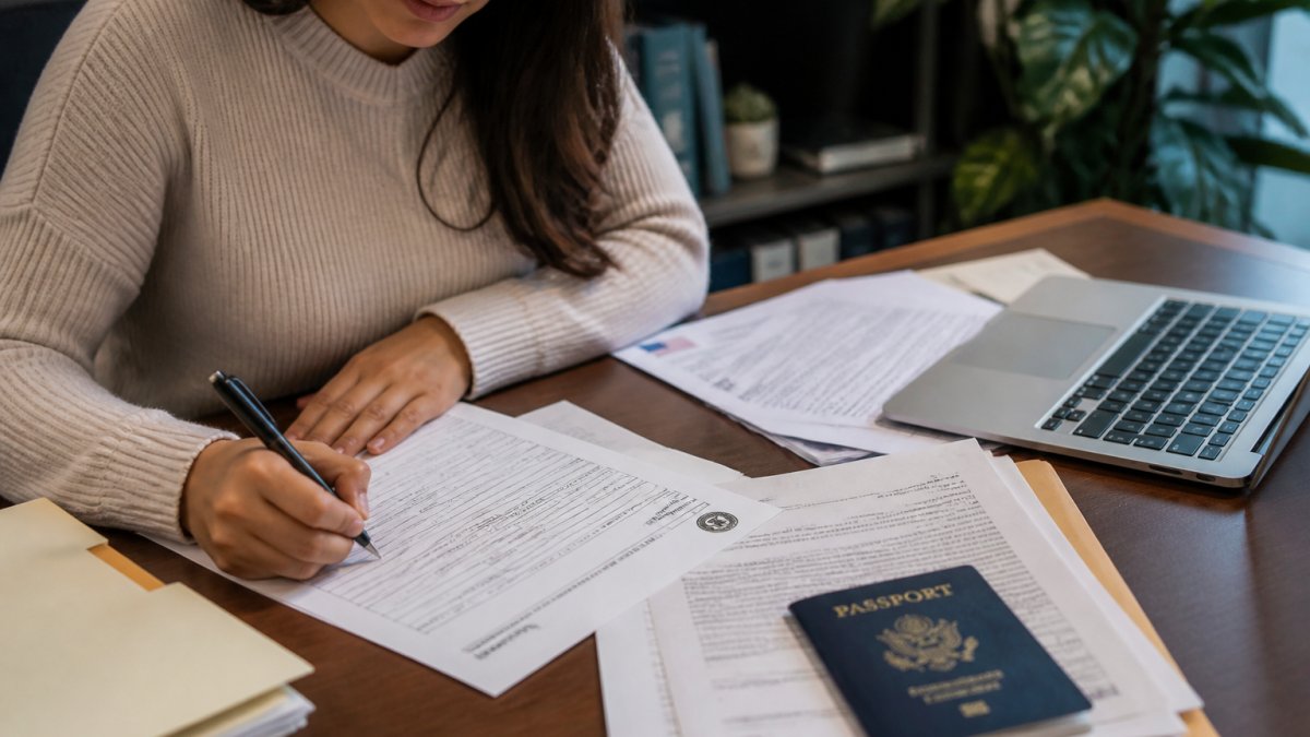 Person seated at a desk with official immigration documents, passport, and laptop, carefully completing Form N-565 application paperwork under warm office lighting