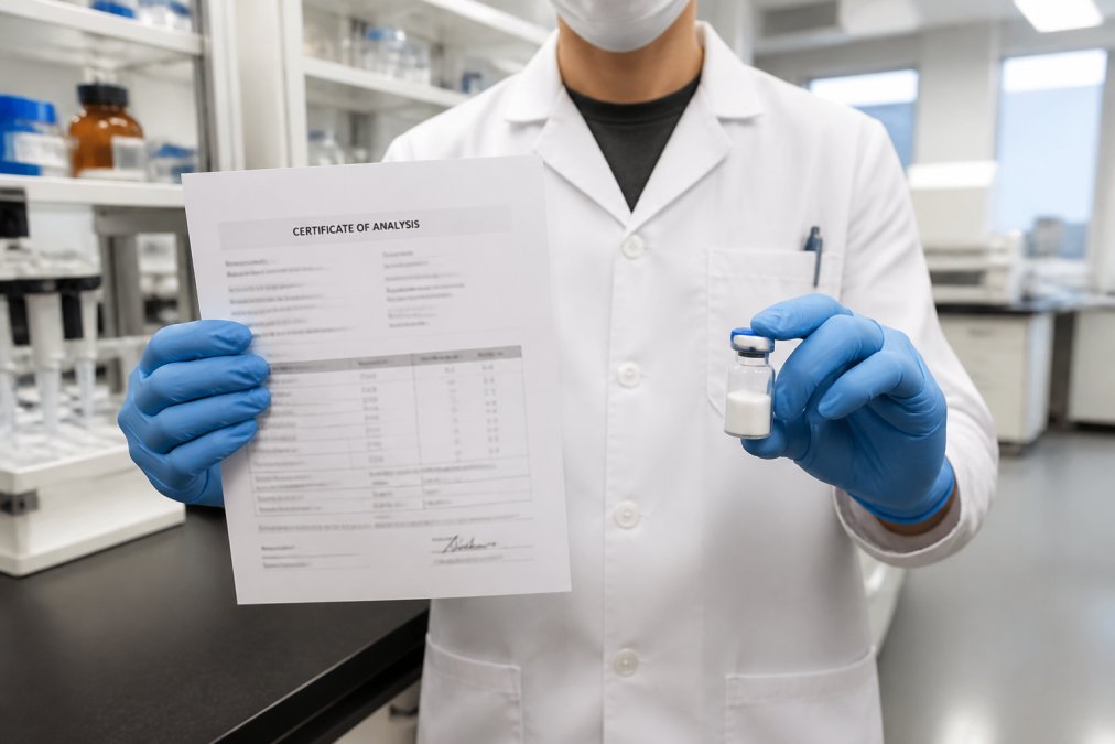 A gloved researcher in a modern laboratory holding a printed Certificate of Analysis document next to a sealed vial of research peptide powder under bright overhead lighting