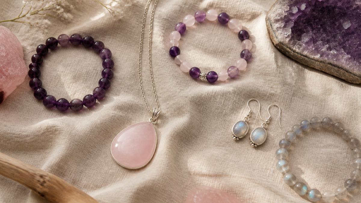 Flat-lay arrangement of handcrafted crystal jewelry pieces including amethyst bracelets, rose quartz pendants, and moonstone earrings on natural linen background with soft natural light