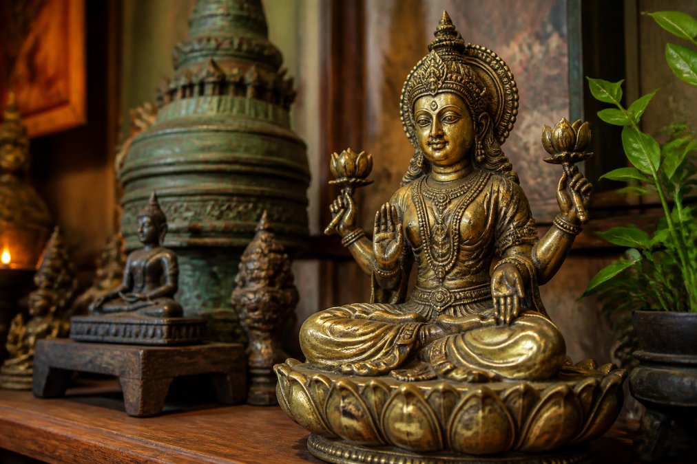 Close-up photograph of a bronze Hindu deity murti, Lakshmi or Vishnu, with a clearly visible lotus blossom held in one hand, displayed on a wooden shelf in a softly lit home altar with warm natural light