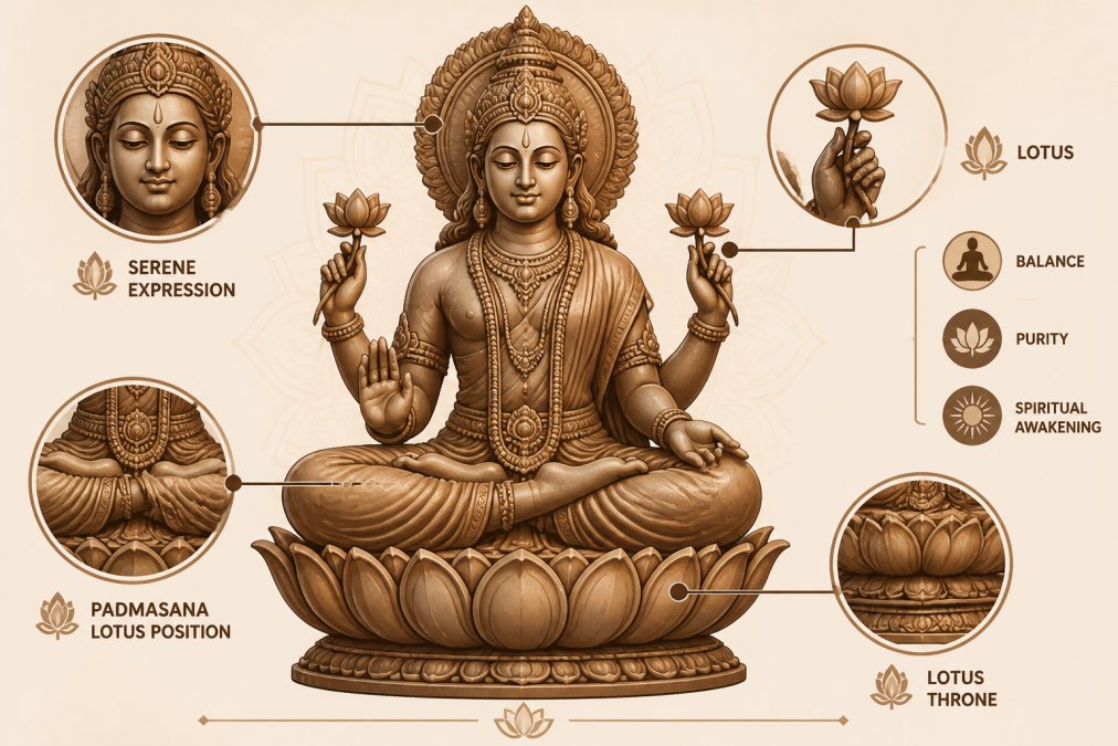 Close-up of a Hindu deity statue seated in padmasana lotus position on an ornate lotus throne, showing the serene facial expression and the detailed carved lotus petals supporting the figure