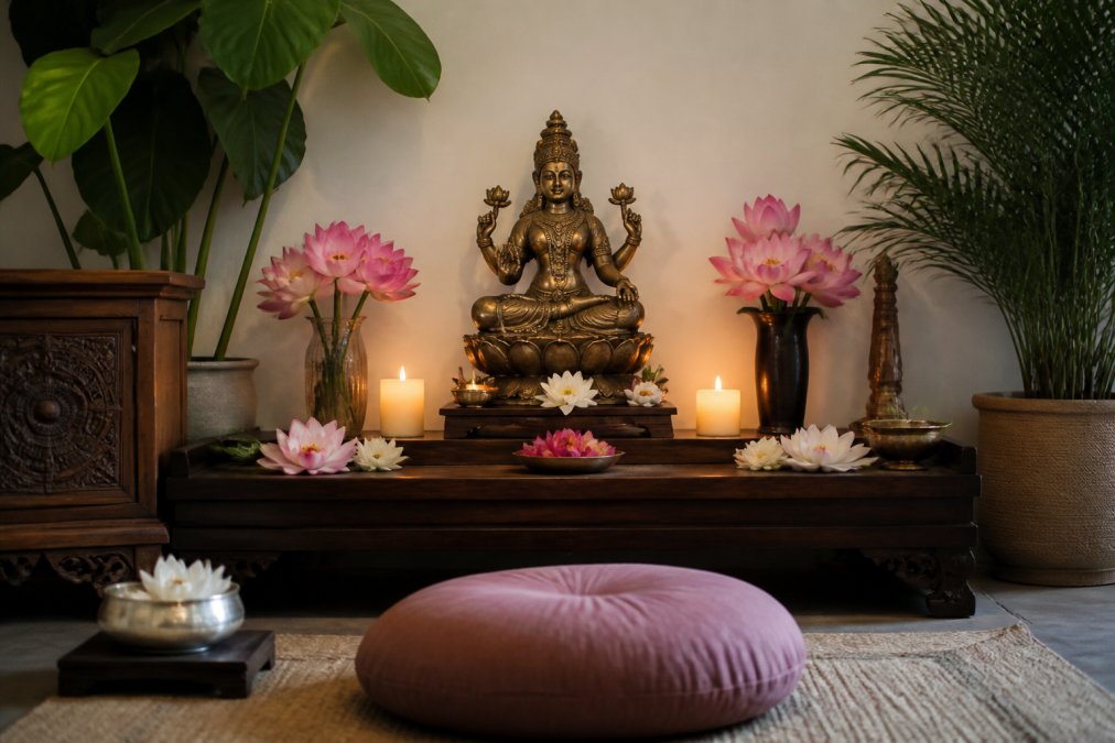 A serene home meditation altar with a Hindu deity statue placed on a raised platform, surrounded by fresh flowers, soft candlelight, and a cushion in front for seated practice