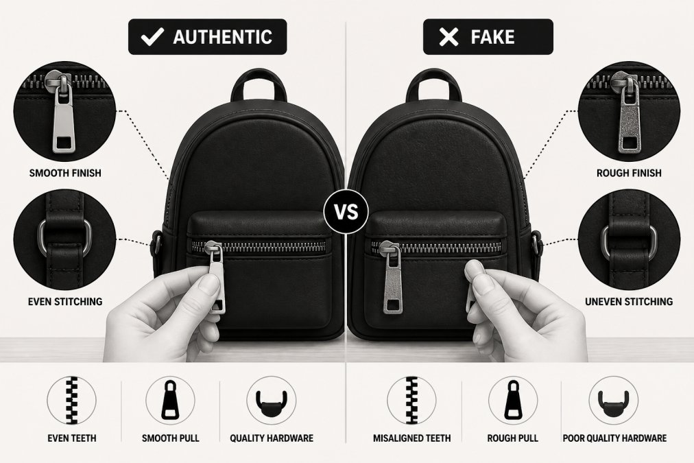 Close-up of hands comparing two Loungefly mini backpacks side by side on a clean table, showing zipper pulls and hardware details