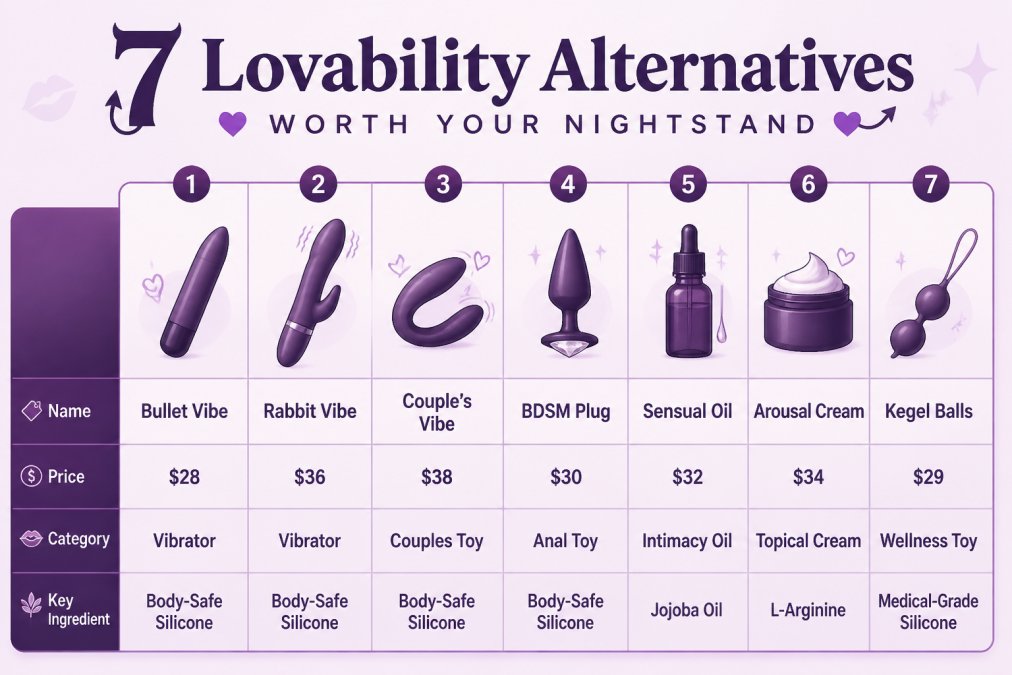 Comparison matrix of 7 intimate wellness products as a lovability alternative, detailing price and key ingredients.