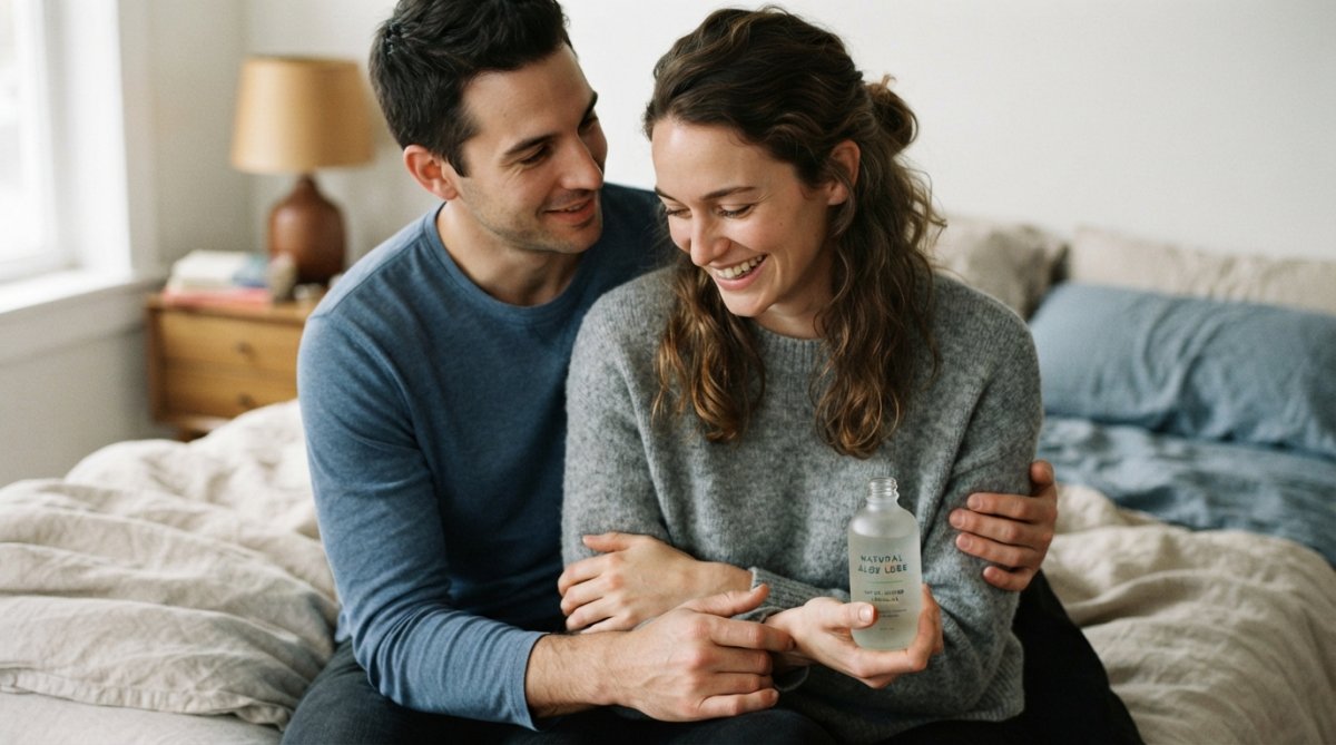 Close-up of hands holding a bottle of water-based lubricant with aloe vera and natural ingredient labels visible, soft natural lighting highlighting the product's smooth texture and clarity