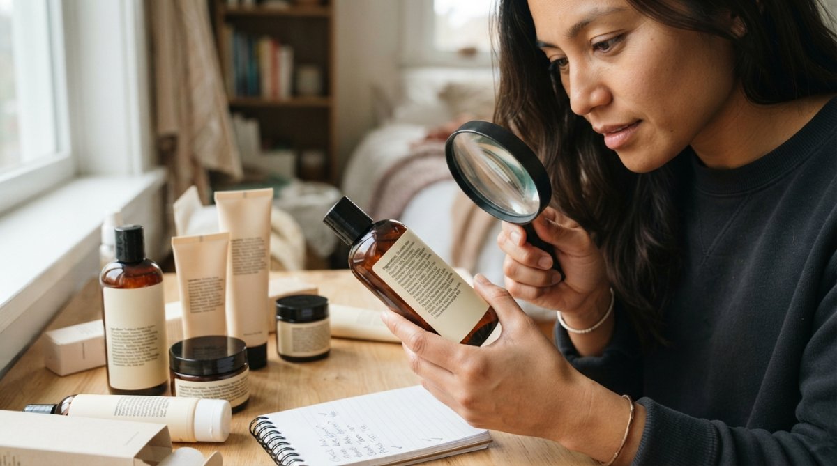 Person carefully examining product ingredient labels with a magnifying glass in natural lighting, showing detailed attention to ingredient lists and patch testing preparation