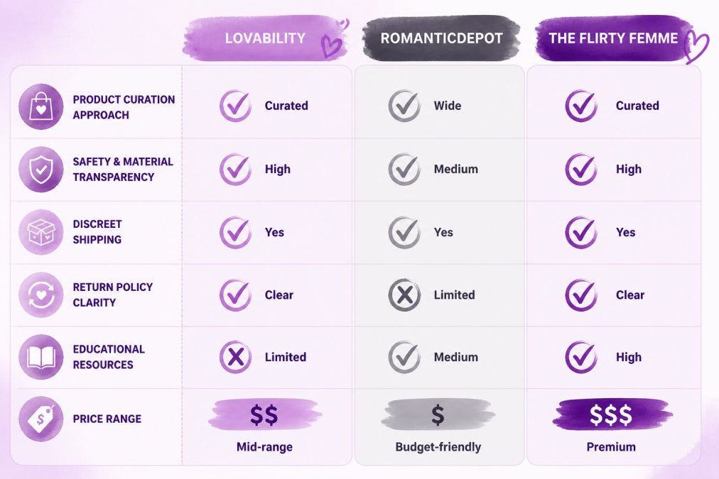 Comparison matrix evaluating trending products from Lovability, RomanticDepot, and The Flirty Femme features.