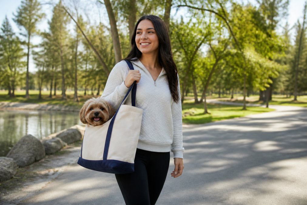 A person walking outdoors carrying a durable canvas pet tote with a small dog peeking out, natural daylight, park setting