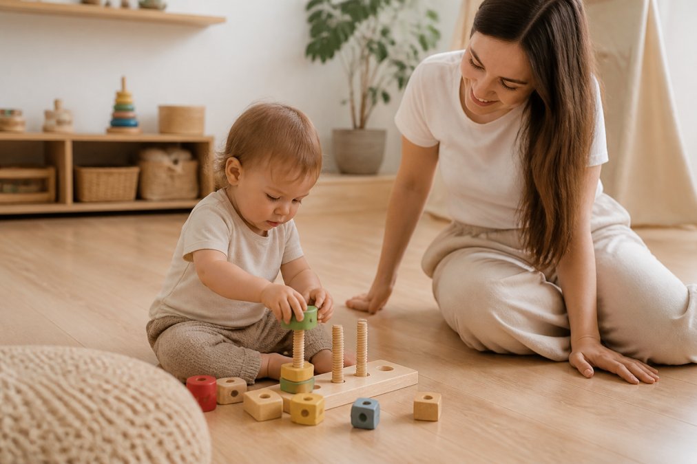A toddler sitting on a light wooden floor, focused on stacking pieces of a wooden tool playset, with a parent nearby in a bright, minimalist playroom