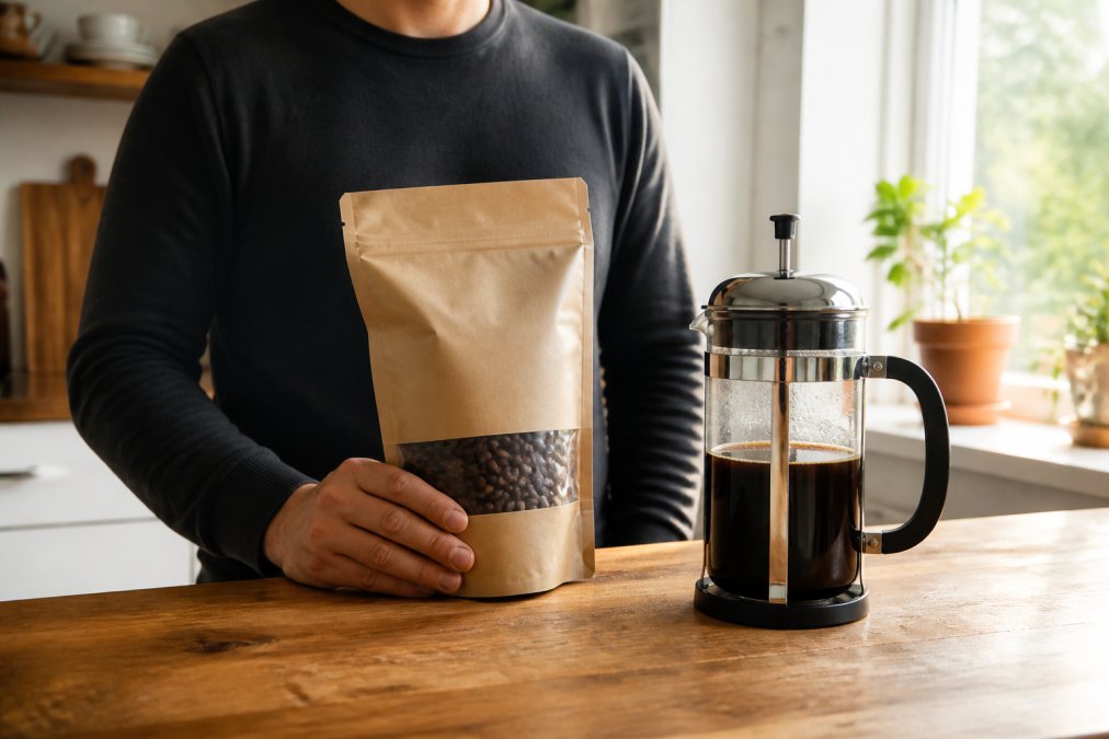 Person holding a bag of low-acid coffee beans next to a French press on a wooden kitchen counter in morning light