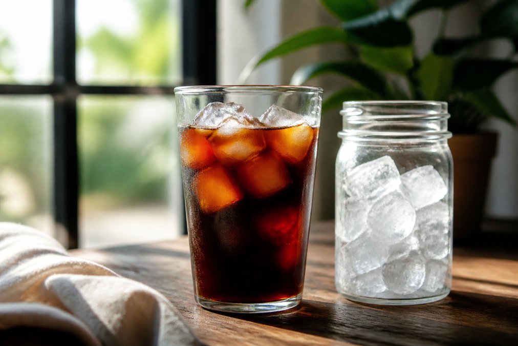 A glass of cold brew coffee on a wooden table beside a mason jar filled with ice, soft morning light coming through a window behind, calm and uncluttered setting