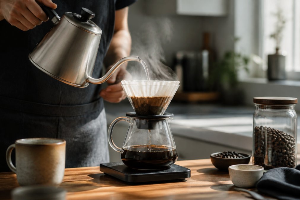 Close-up of hands carefully pouring hot water through a pour-over coffee filter, steam rising gently, soft-focus cozy kitchen background with warm morning light