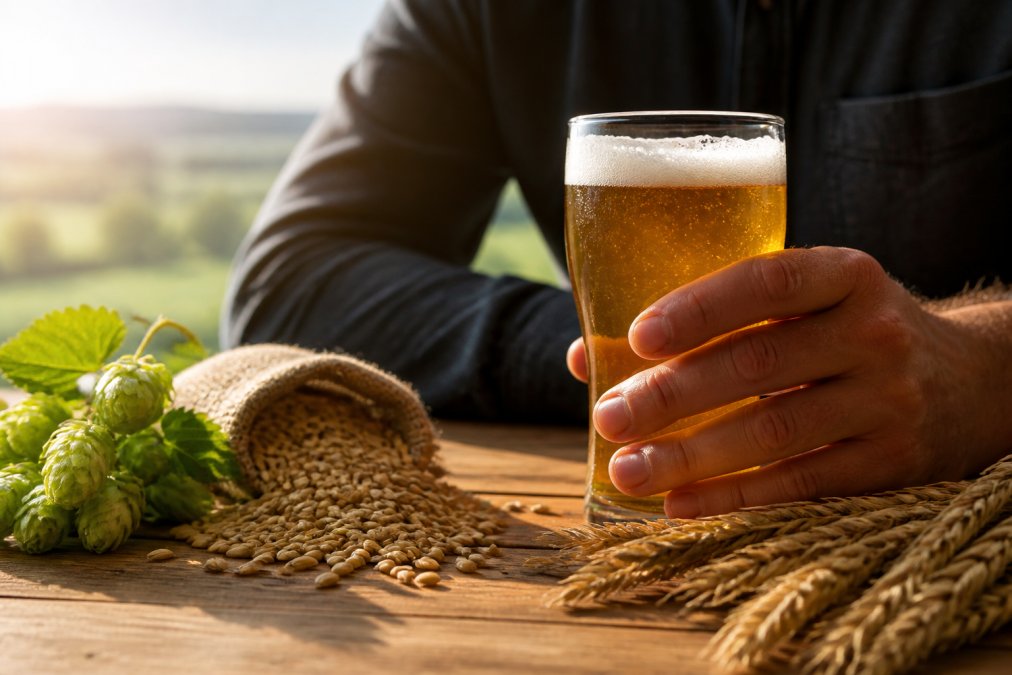 Person holding a glass of low alcohol beer with fresh barley grains and hops arranged on a wooden table in natural morning light