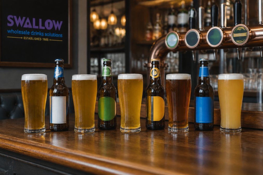 Infographic comparing the calorie content and variety of popular low calorie beer brands at a pub bar.