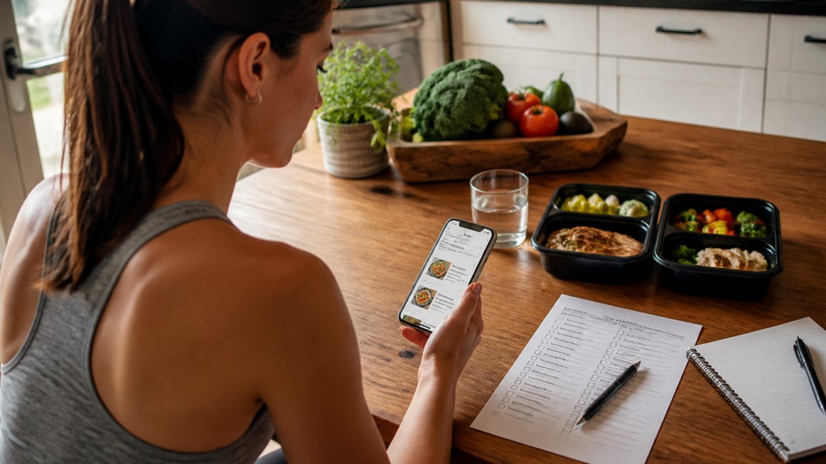 Person at kitchen table reviewing a low-carb meal plan on smartphone with printed grocery list and meal prep containers nearby