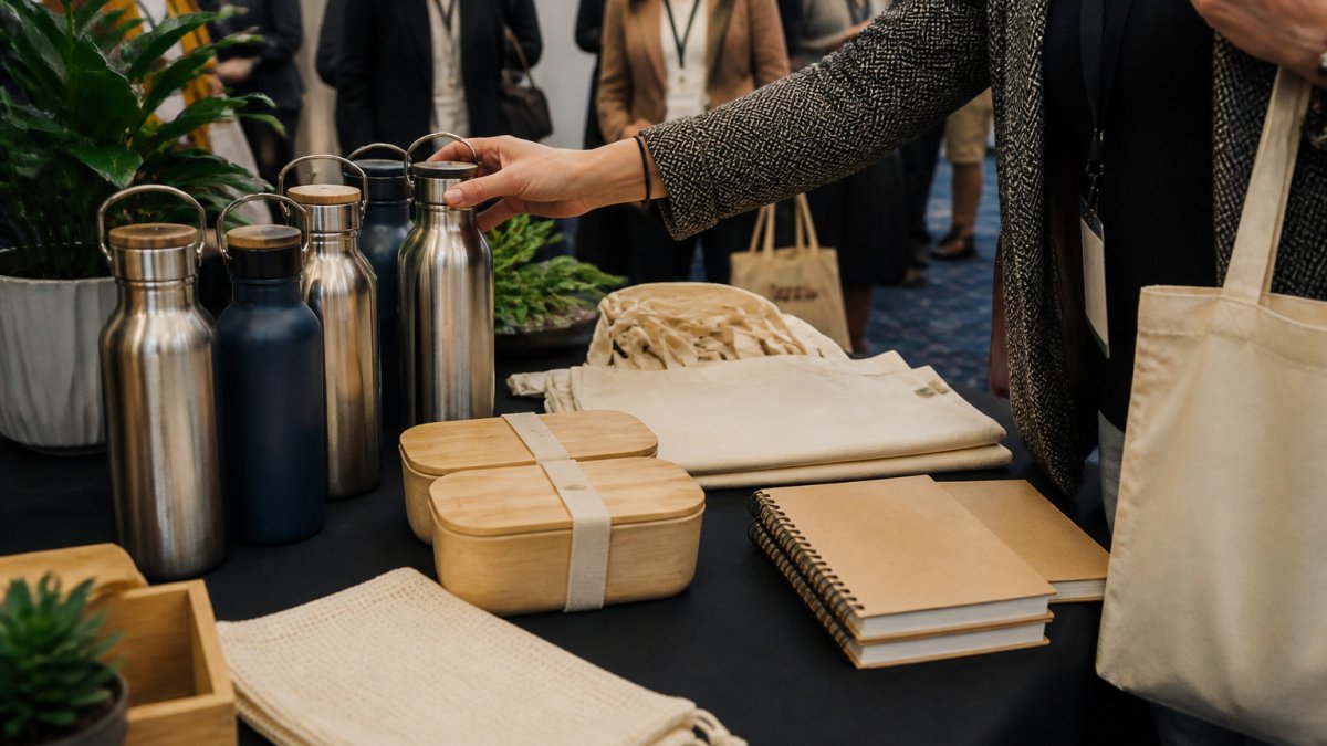A table at a corporate event displaying sustainable giveaway items including stainless steel water bottles, a bamboo lunch box, a cotton tote bag, and a recycled notebook, with an attendee reaching for a water bottle under warm event lighting