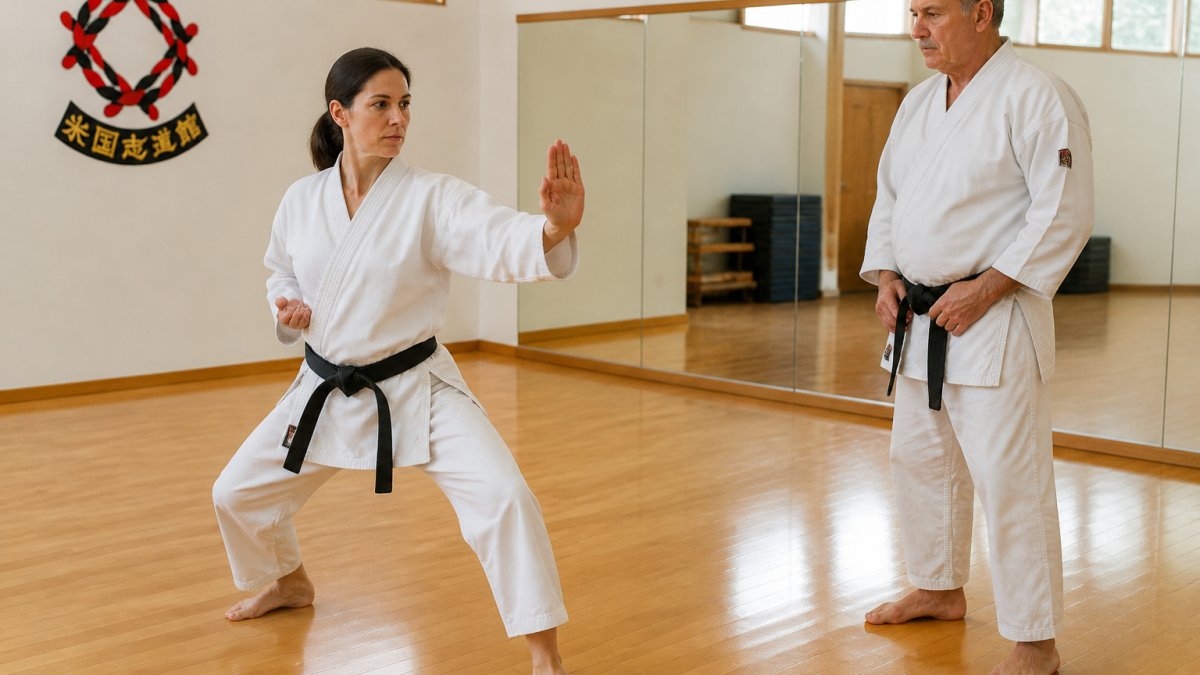 Student practicing a defensive stance in a low-contact martial arts for adults karate class with an instructor