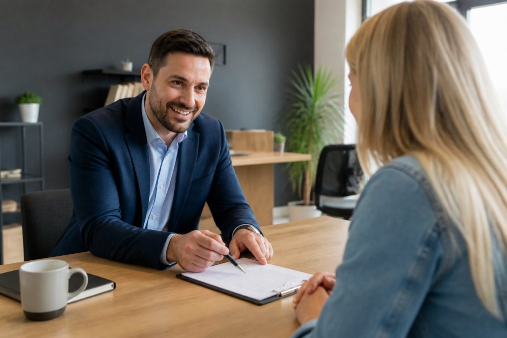 Friendly agent explaining auto insurance Las Vegas coverage to a client in a modern office.