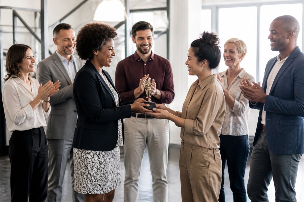 Diverse team of employees in modern office setting smiling and celebrating together, with one person presenting an award or congratulating another colleague, natural office lighting