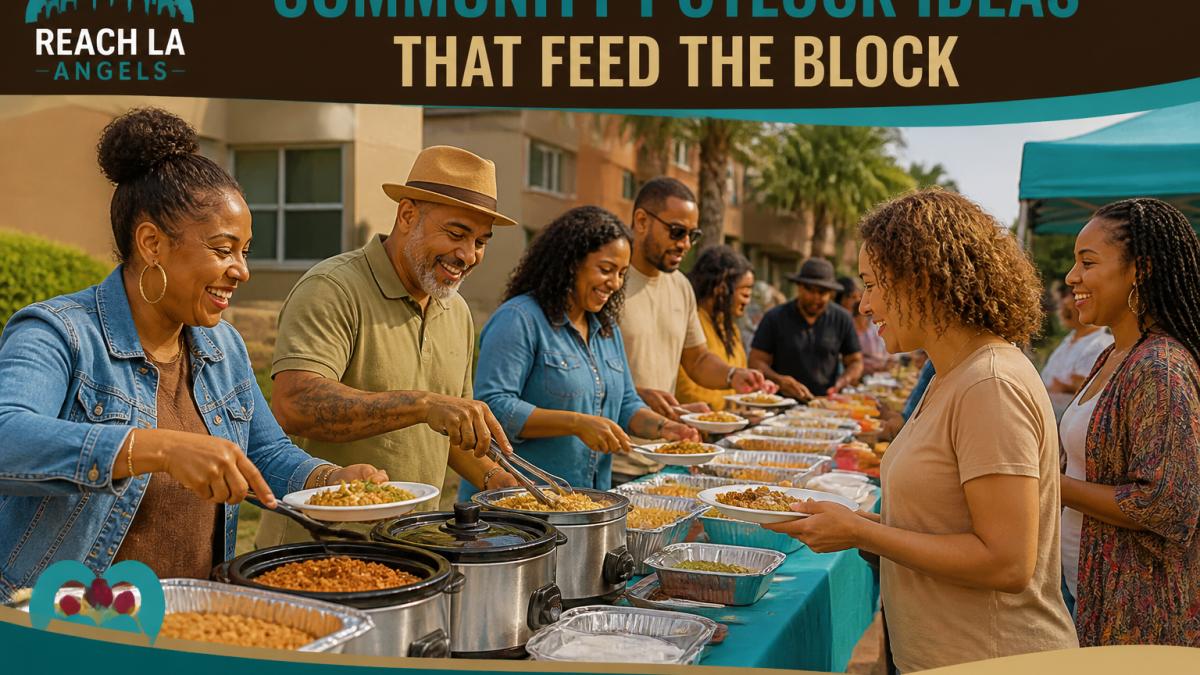 Diverse neighbors gathered around a long folding table outdoors in a residential courtyard, sharing homemade dishes from foil pans and slow cookers, warm late-afternoon light, people laughing and serving food to each other