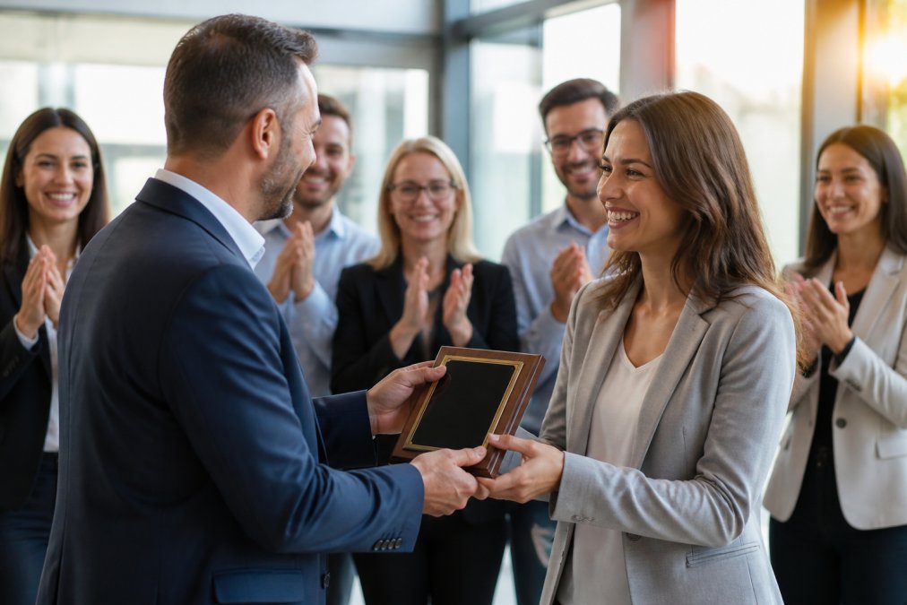 Sales manager presenting an engraved award to an employee to boost sales team motivation in a modern office