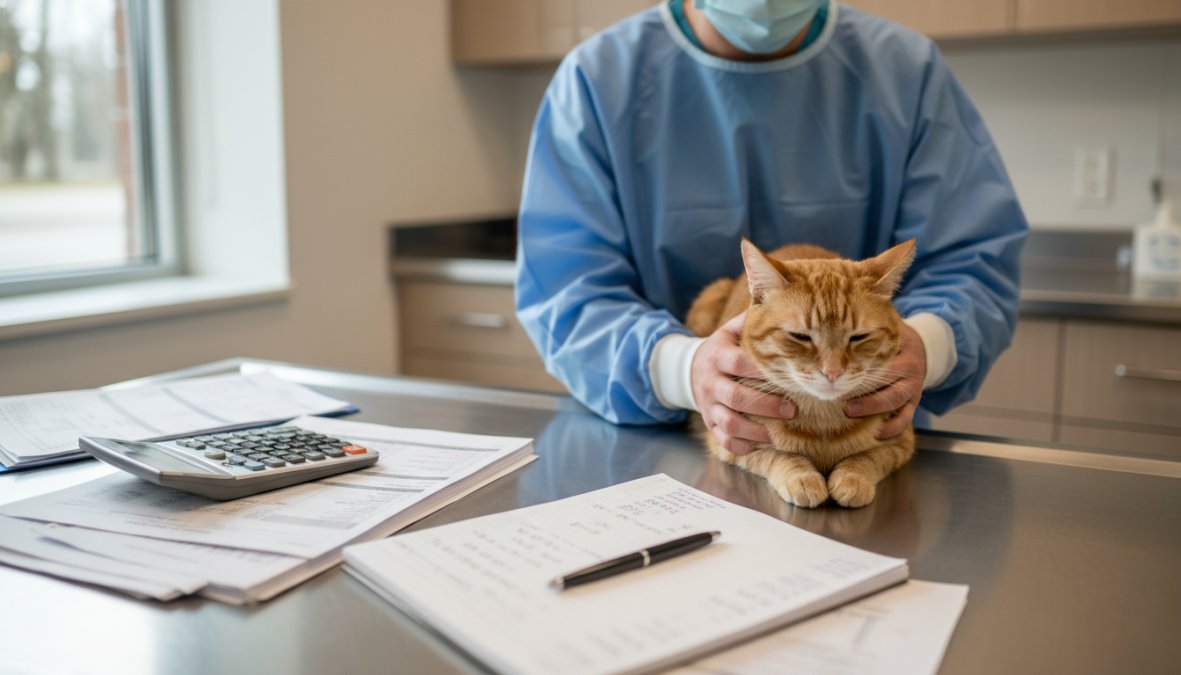 A veterinarian in green scrubs gently holding a calm tabby cat on a stainless steel prep table inside a bright, modern veterinary surgery room with overhead surgical lighting and clean white walls