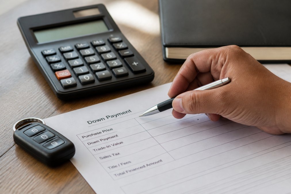Hand holding a pen over a down payment worksheet with a car key and calculator nearby