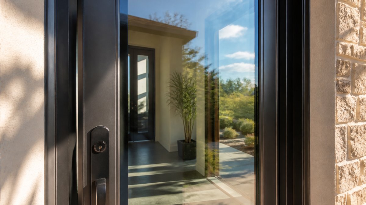 Close-up view of a modern glass entry door with subtle coating visible in natural sunlight, showing clear visibility through the glass while light reflects off the surface, demonstrating how low-E coating manages light transmission