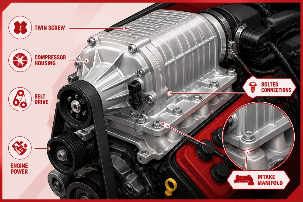 Close-up of a supercharger compressor housing bolted to an engine intake manifold, showing the serpentine belt drive and polished aluminum components with visible bolt connections in a well-lit engine bay