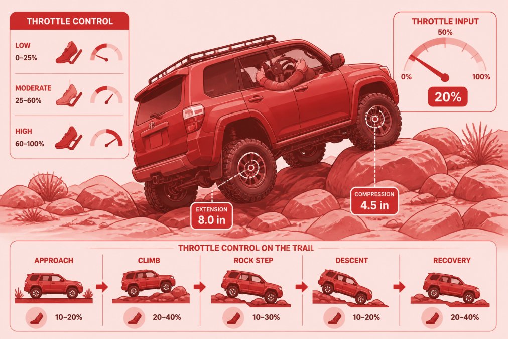 Off-road vehicle navigating rocky, boulder-strewn terrain with visible wheel articulation and tire traction, driver's hands positioned on steering wheel showing controlled input, bright daylight illuminating the rugged landscape