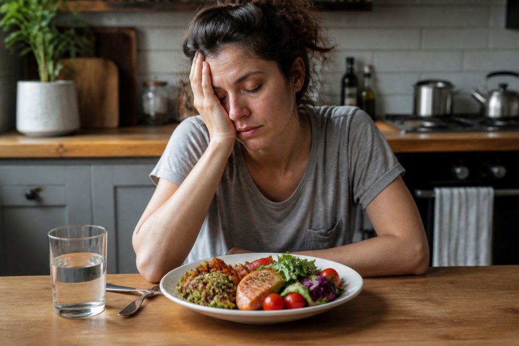 A tired-looking person in their 30s sitting at a kitchen table with a plate of colorful healthy food (salad, salmon, quinoa) but resting their head on one hand with eyes closed, looking exhausted despite the nutritious meal in front of them
