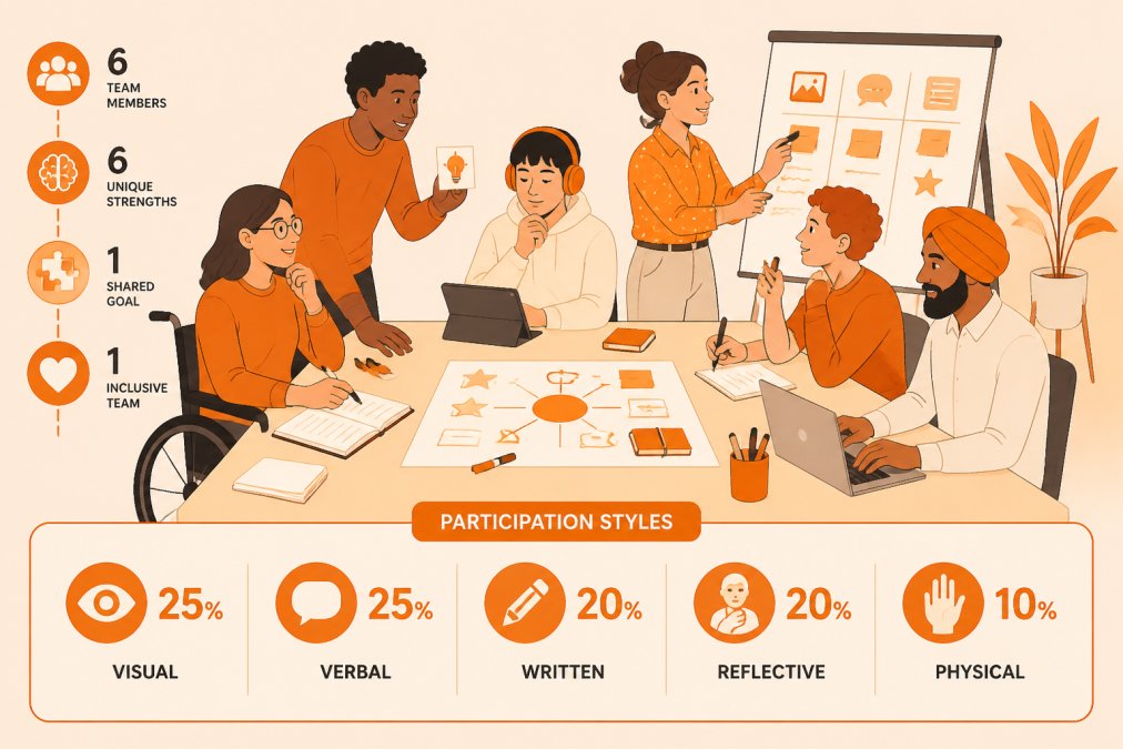 Mixed team of employees at a table with some seated, some standing, collaborating on a creative project with visual aids and written materials, showing varied participation styles