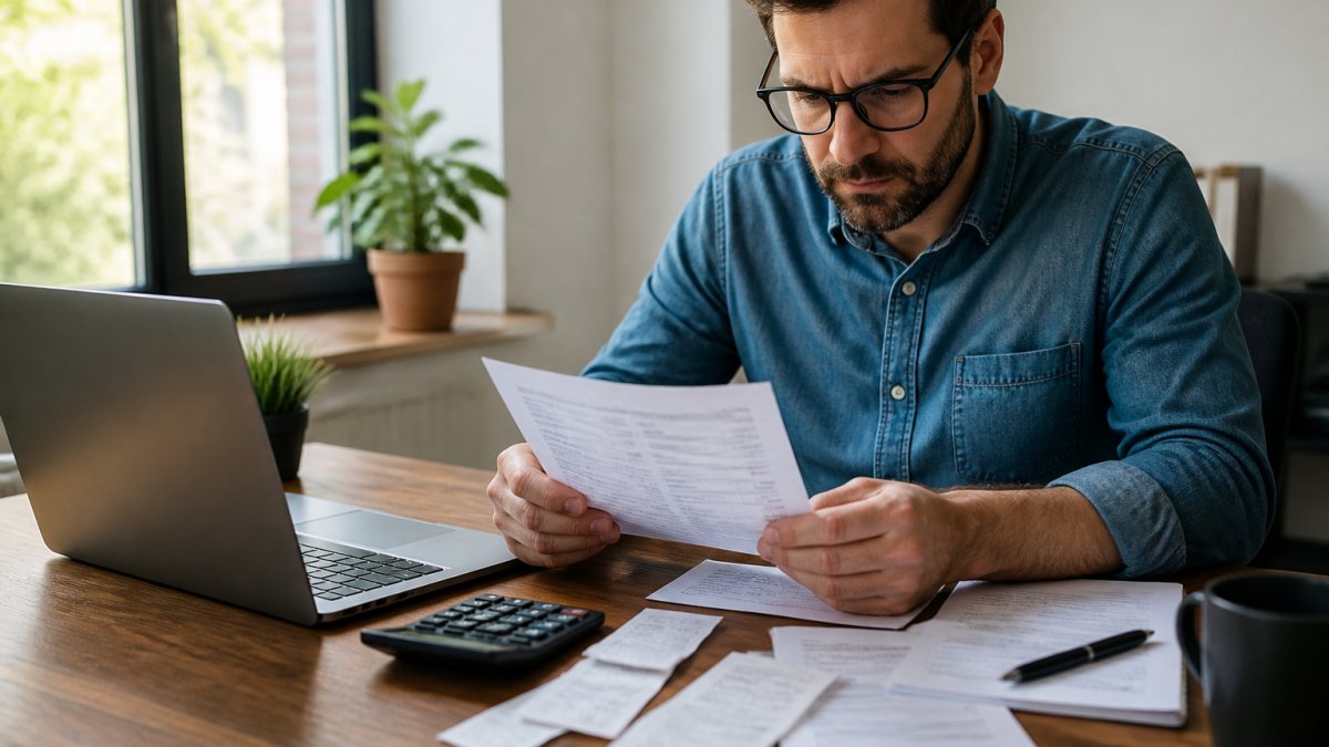 A small business owner reviewing a paper credit card processing statement at a wooden desk with a calculator and laptop nearby, natural light from a window