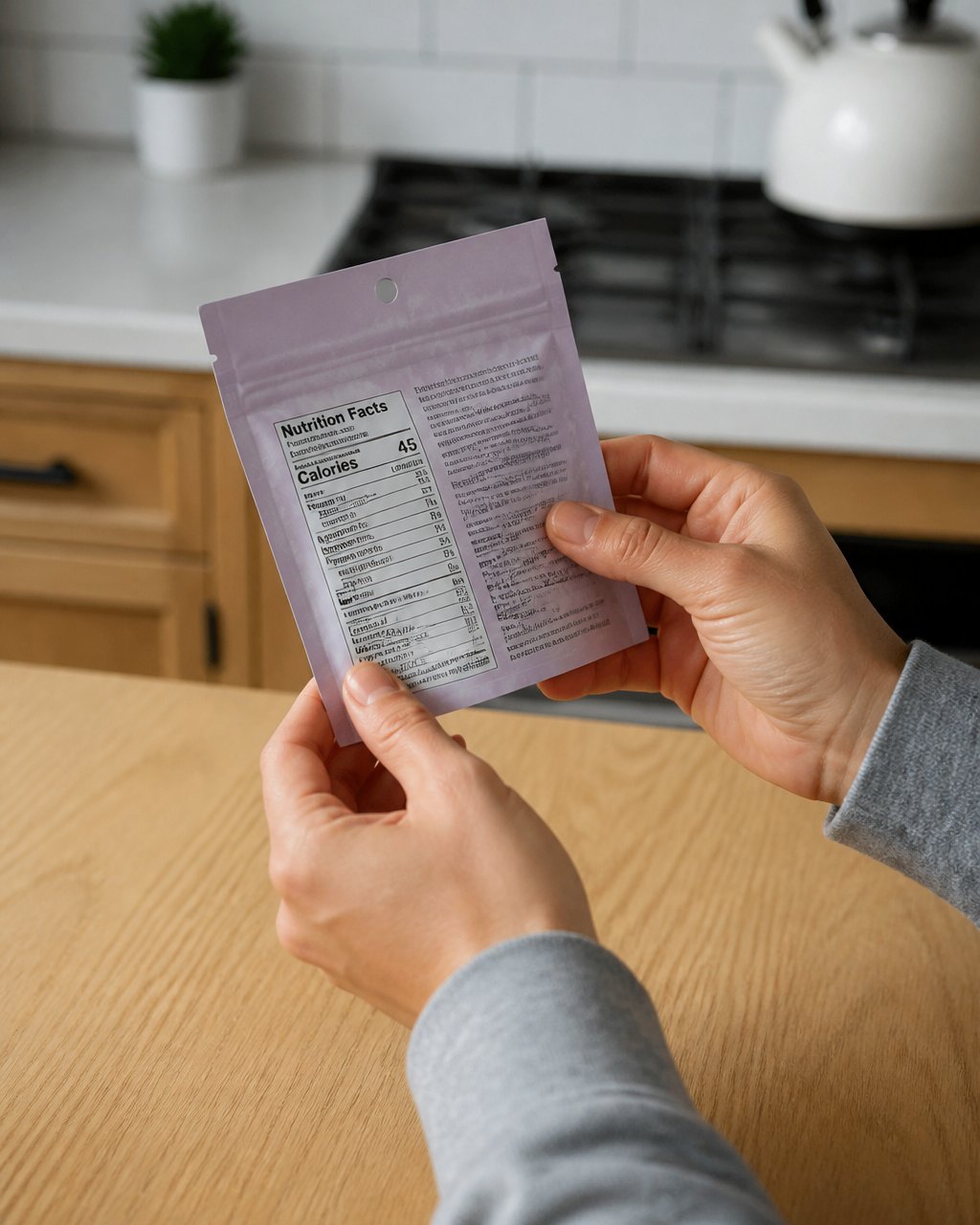 Close-up of a person's hands holding a small cannabis edible package and turning it over to read the nutrition and THC content label at a kitchen counter