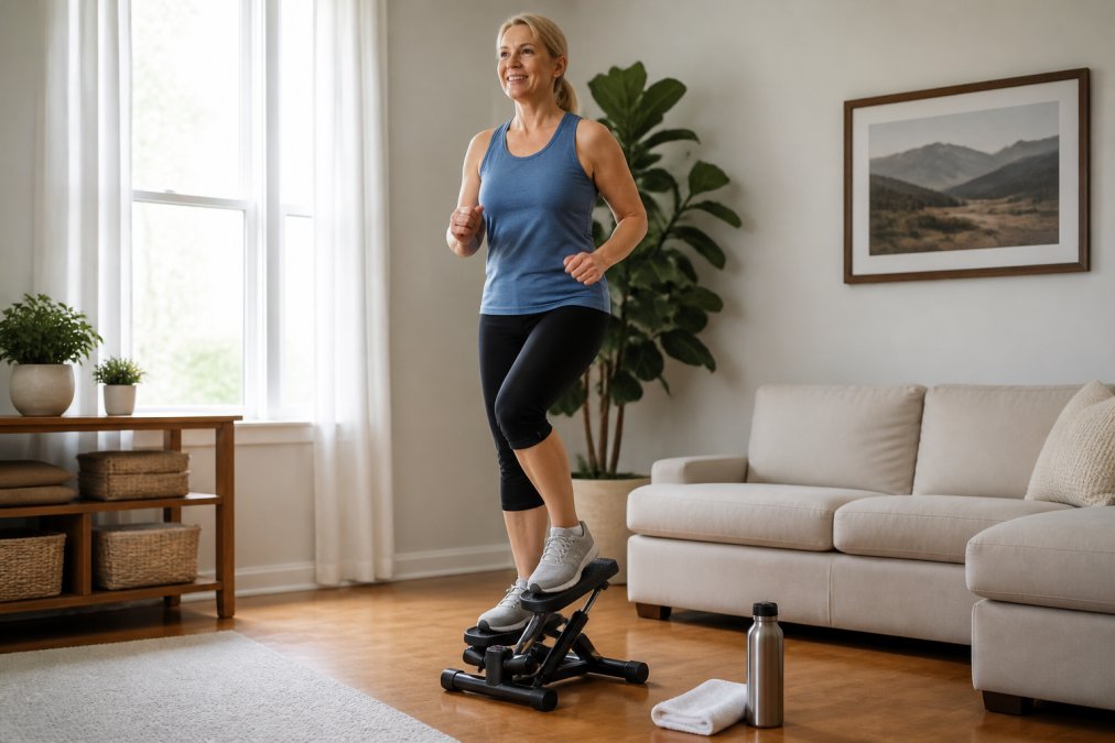 Woman in her 50s performing a low impact cardio workout on a mini-stepper in a bright, modern living room.