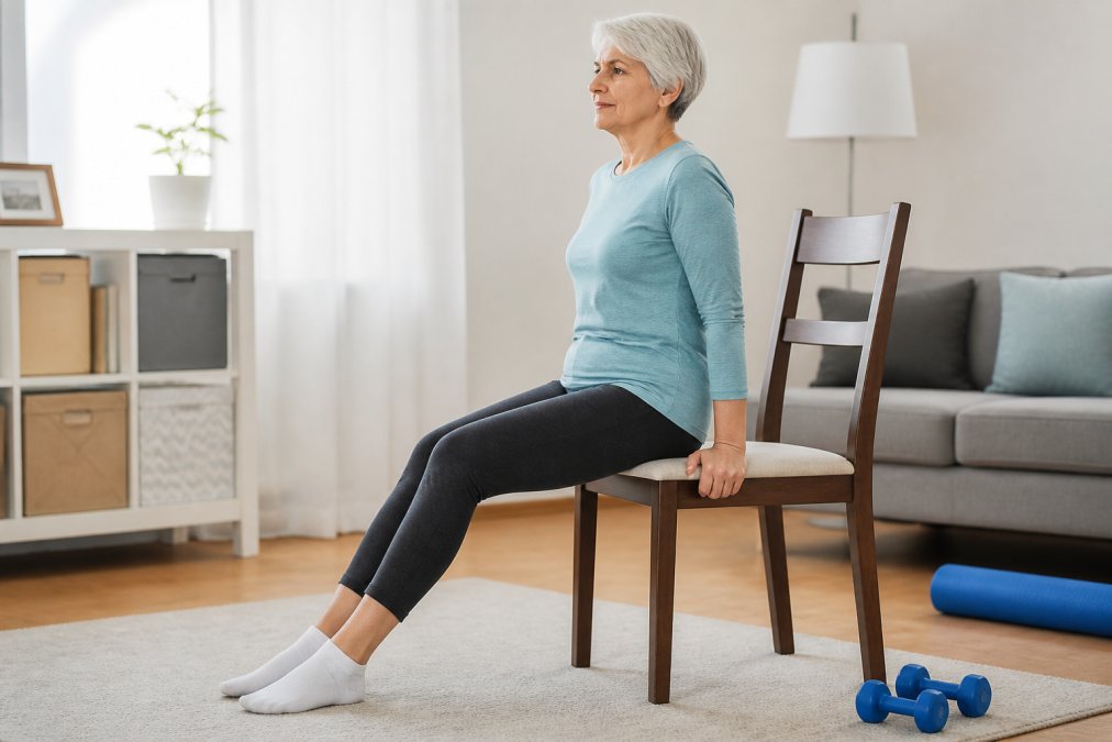 Older adult performing seated chair exercise with proper posture, hands gripping the seat, demonstrating controlled movement in a bright home environment