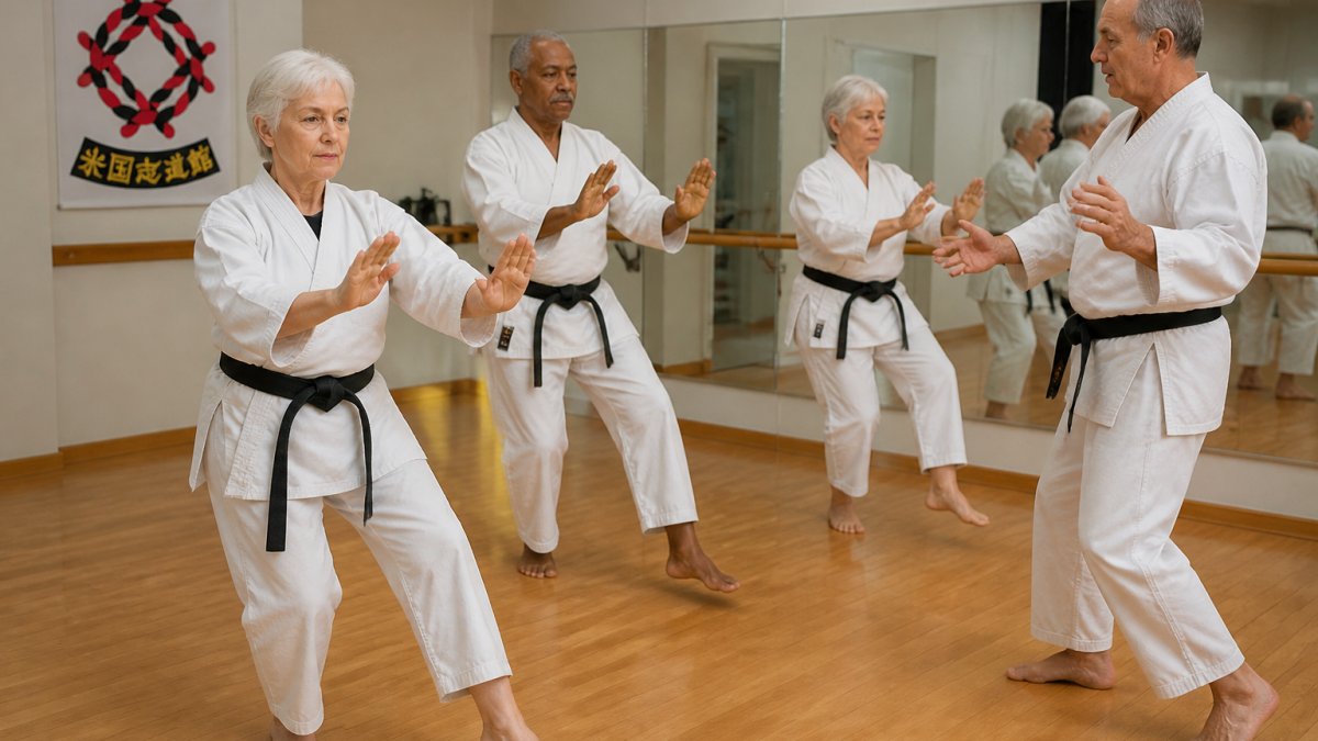 Adults practicing low impact fitness movements for balance in a bright studio with wooden floors and mirrors.