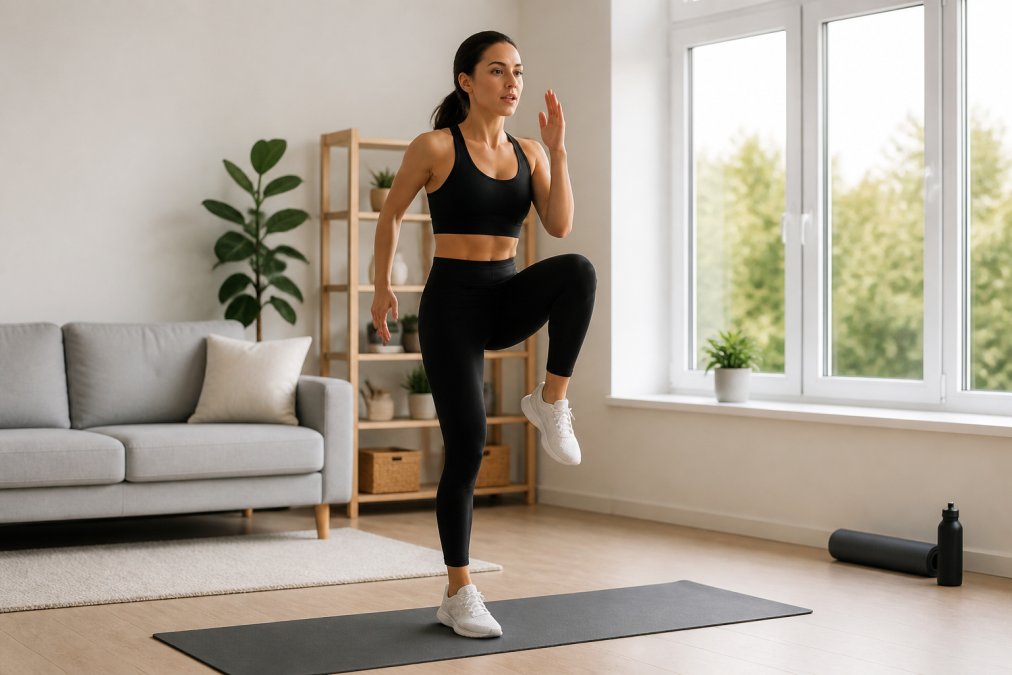 Person performing high-intensity low-impact exercise routine at home, demonstrating high knees march in place on a yoga mat in a bright, minimalist living room with natural window lighting