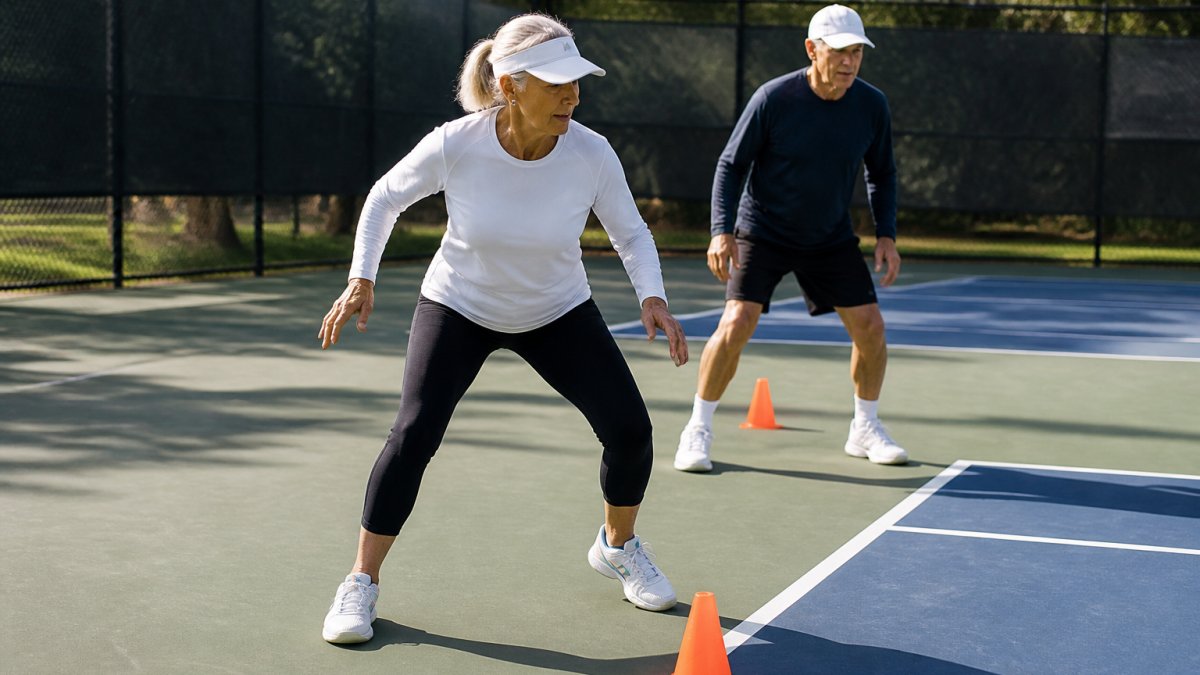 Two older adults in athletic wear performing side-to-side footwork drills on a tennis court, cones set up nearby, bright morning light, one person stepping laterally with knees slightly bent